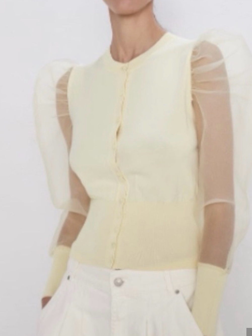 Zara Pale Yellow Sheer-Sleeve Knit Top